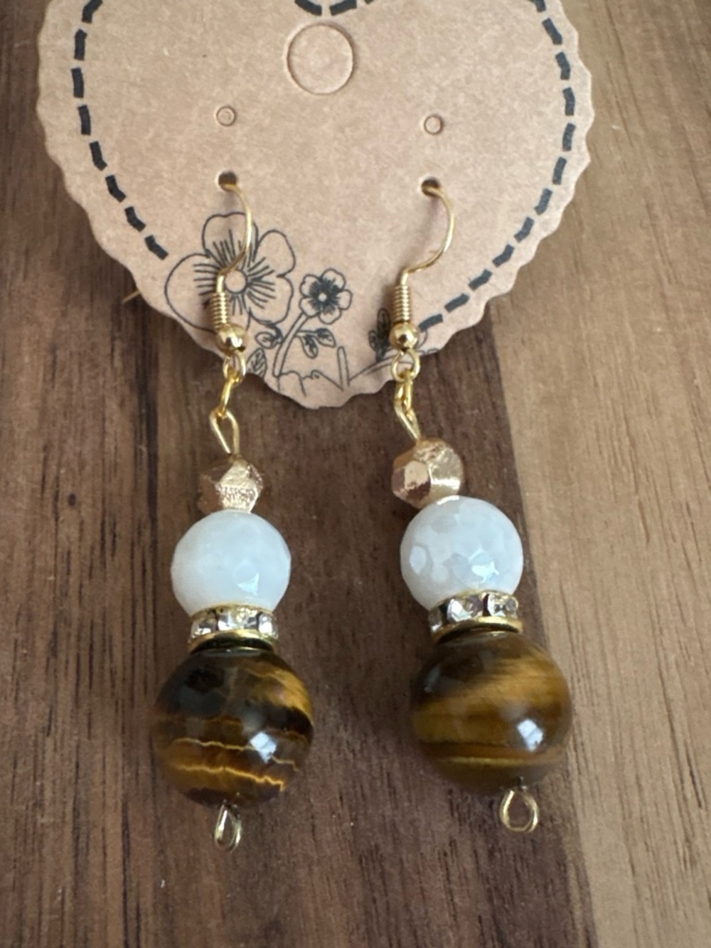 Handmade Beaded Drop Earrings w/ Tigers Eye, Plated Lava Stone & Quartz
